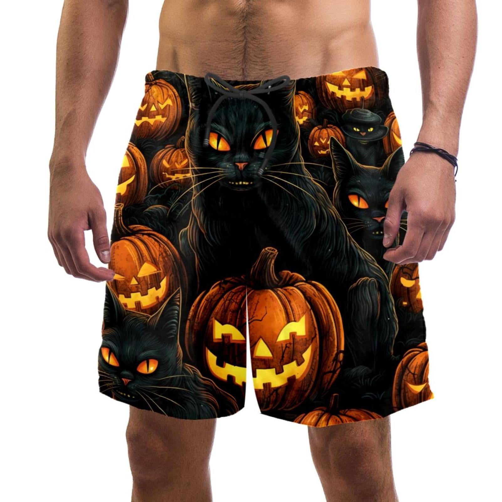 luoweisi Men's Beach Shorts Quick Dry Swim Trunks with Mesh Lining Halloween Black Cat XL