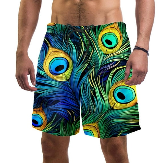 luoweisi Men's Beach Shorts Quick Dry Swim Trunks with Mesh Lining Peacock Feather L
