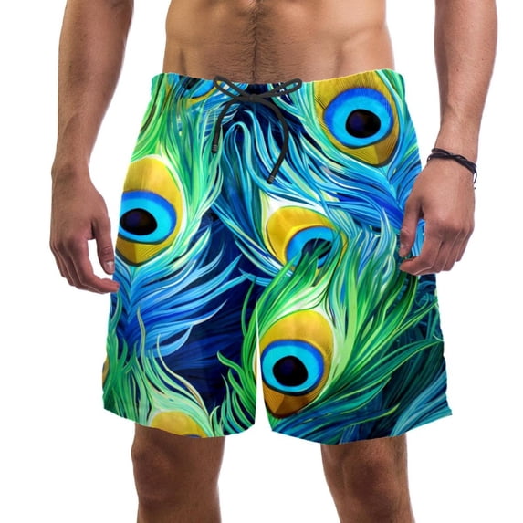 luoweisi Men's Beach Shorts Quick Dry Swim Trunks with Mesh Lining Peacock Feather L