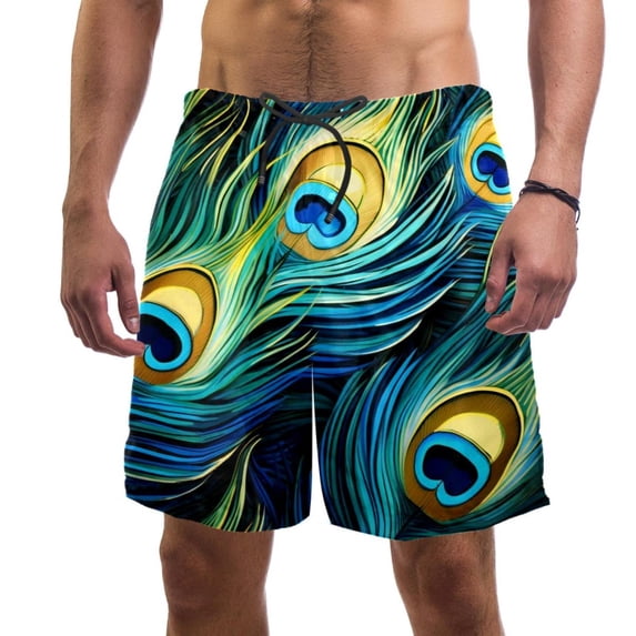 luoweisi Men's Beach Shorts Quick Dry Swim Trunks with Mesh Lining Peacock Feather L