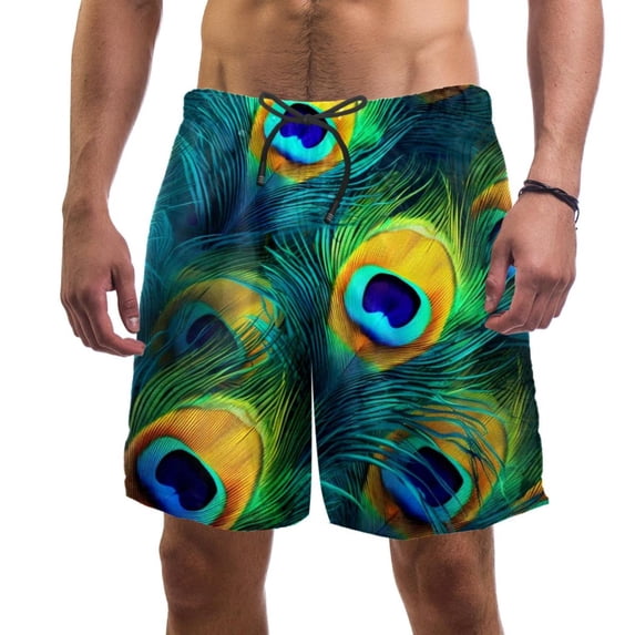 luoweisi Men's Beach Shorts Quick Dry Swim Trunks with Mesh Lining Peacock Feather M