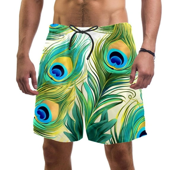 luoweisi Men's Beach Shorts Quick Dry Swim Trunks with Mesh Lining Peacock Feather M