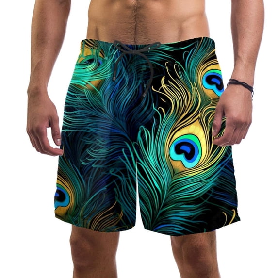 luoweisi Men's Beach Shorts Quick Dry Swim Trunks with Mesh Lining Peacock Feather M