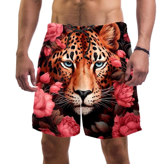 luoweisi Men's Beach Shorts Quick Dry Swim Trunks with Mesh Lining Rose and Leopard 2XL