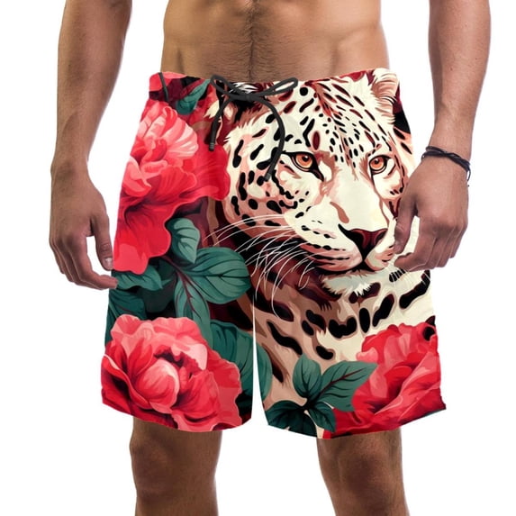 luoweisi Men's Beach Shorts Quick Dry Swim Trunks with Mesh Lining Rose and Leopard 2XL