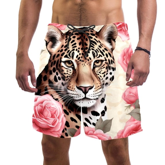 luoweisi Men's Beach Shorts Quick Dry Swim Trunks with Mesh Lining Rose and Leopard L