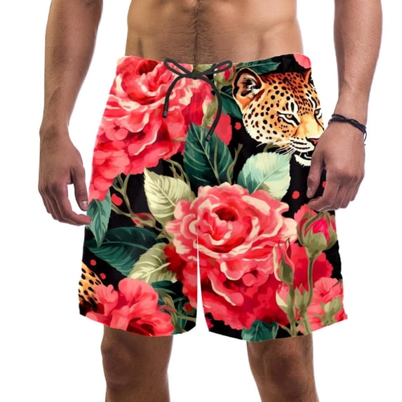 luoweisi Men's Beach Shorts Quick Dry Swim Trunks with Mesh Lining Rose and Leopard L