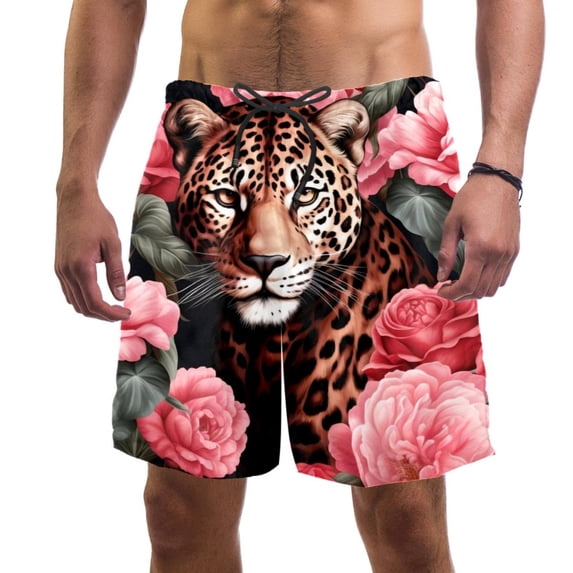 luoweisi Men's Beach Shorts Quick Dry Swim Trunks with Mesh Lining Rose and Leopard L