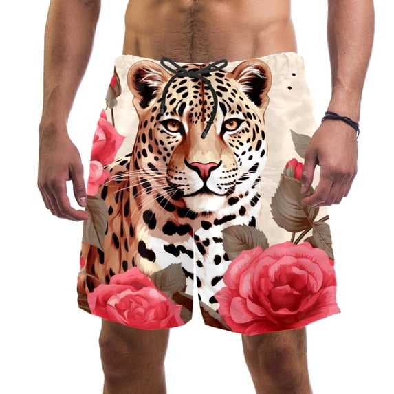 luoweisi Men's Beach Shorts Quick Dry Swim Trunks with Mesh Lining Rose and Leopard L