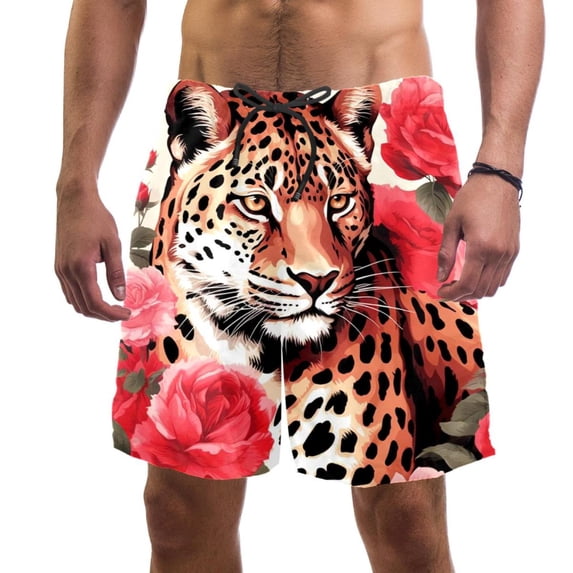 luoweisi Men's Beach Shorts Quick Dry Swim Trunks with Mesh Lining Rose and Leopard M