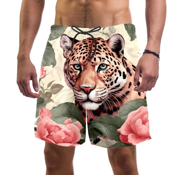 luoweisi Men's Beach Shorts Quick Dry Swim Trunks with Mesh Lining Rose and Leopard S