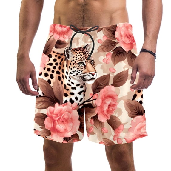 luoweisi Men's Beach Shorts Quick Dry Swim Trunks with Mesh Lining Rose and Leopard S