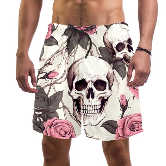 luoweisi Men's Beach Shorts Quick Dry Swim Trunks with Mesh Lining Roses and Skull 2XL