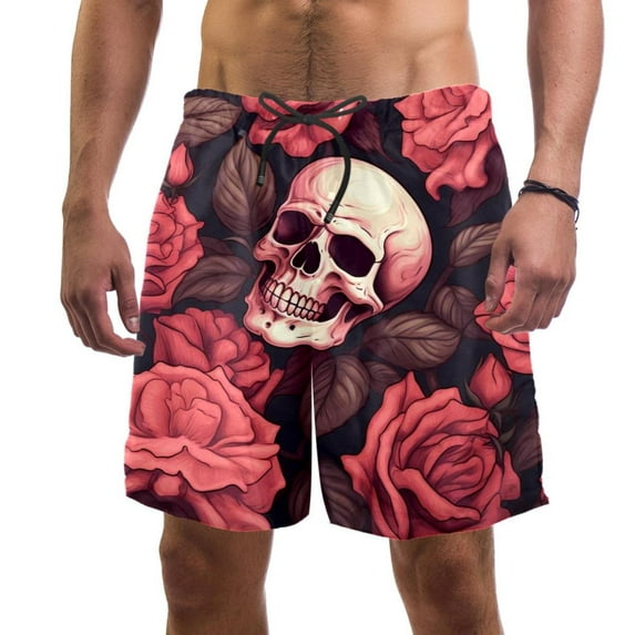 luoweisi Men's Beach Shorts Quick Dry Swim Trunks with Mesh Lining Roses and Skull 2XL
