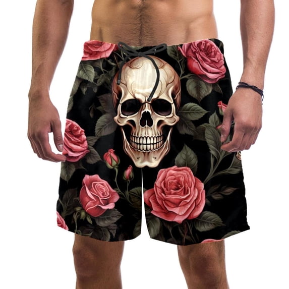 luoweisi Men's Beach Shorts Quick Dry Swim Trunks with Mesh Lining Roses and Skull L