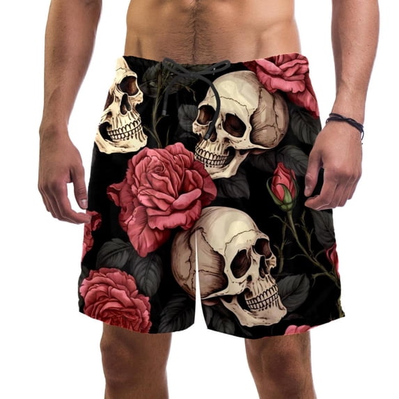 luoweisi Men's Beach Shorts Quick Dry Swim Trunks with Mesh Lining Roses and Skull L
