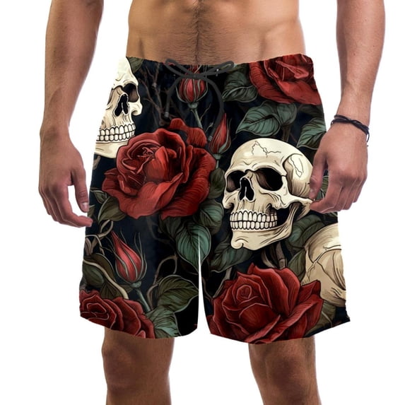 luoweisi Men's Beach Shorts Quick Dry Swim Trunks with Mesh Lining Roses and Skull L