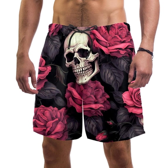 luoweisi Men's Beach Shorts Quick Dry Swim Trunks with Mesh Lining Roses and Skull L