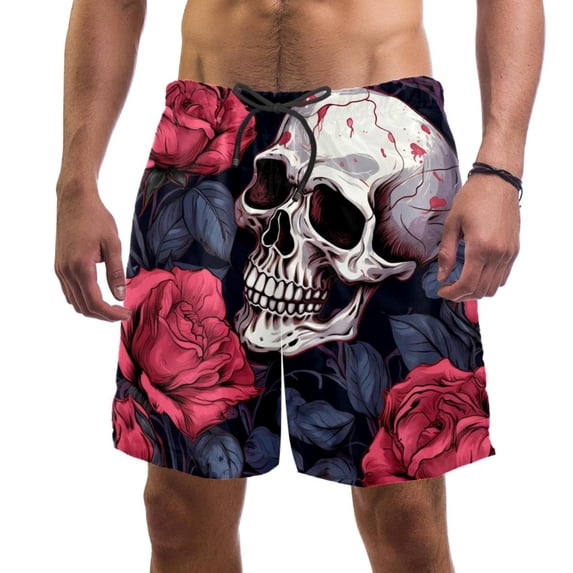 luoweisi Men's Beach Shorts Quick Dry Swim Trunks with Mesh Lining Roses and Skull L