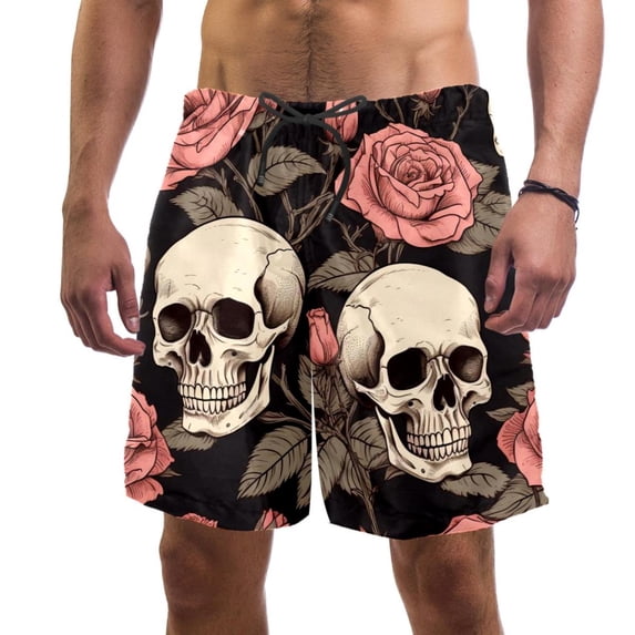luoweisi Men's Beach Shorts Quick Dry Swim Trunks with Mesh Lining Roses and Skull L