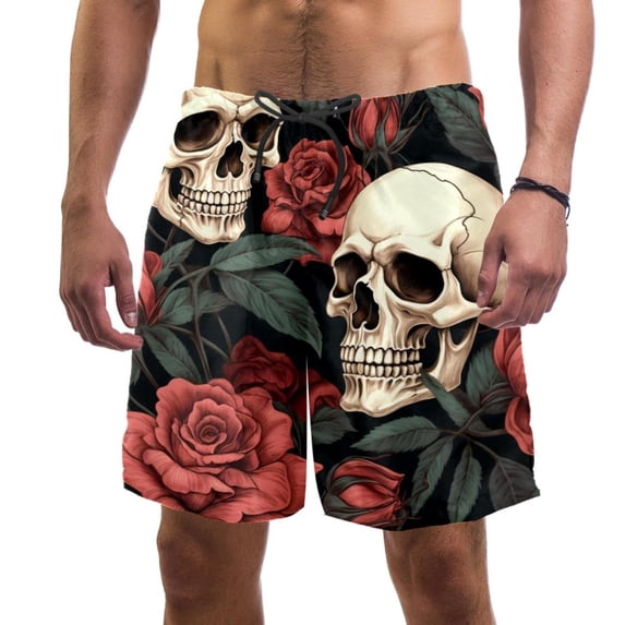 luoweisi Men's Beach Shorts Quick Dry Swim Trunks with Mesh Lining Roses and Skull M
