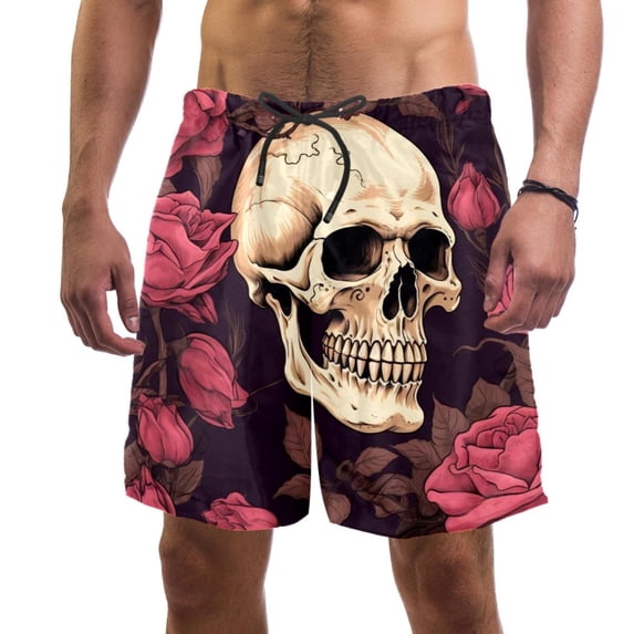luoweisi Men's Beach Shorts Quick Dry Swim Trunks with Mesh Lining Roses and Skull M