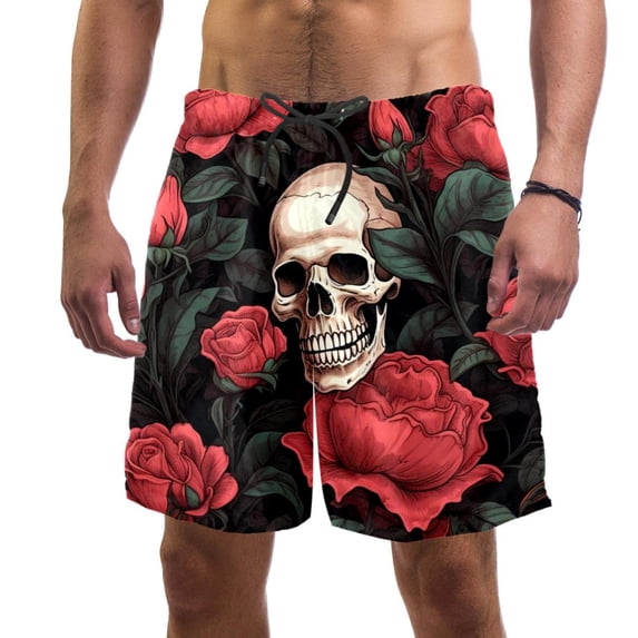luoweisi Men's Beach Shorts Quick Dry Swim Trunks with Mesh Lining Roses and Skull M