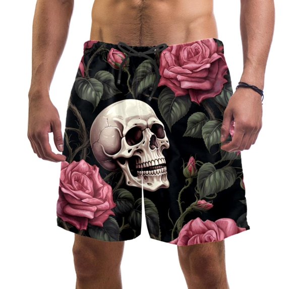 luoweisi Men's Beach Shorts Quick Dry Swim Trunks with Mesh Lining Roses and Skull S
