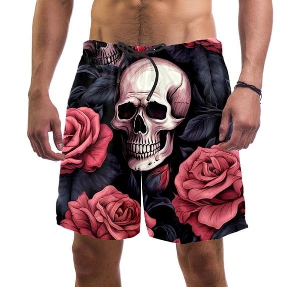 luoweisi Men's Beach Shorts Quick Dry Swim Trunks with Mesh Lining Roses and Skull XL