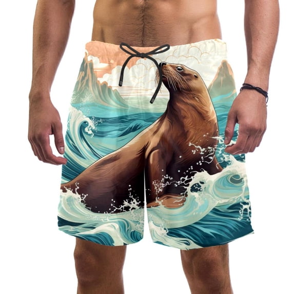 luoweisi Men's Beach Shorts Quick Dry Swim Trunks with Mesh Lining Sea Lion 2XL