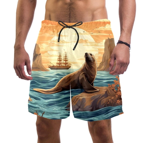 luoweisi Men's Beach Shorts Quick Dry Swim Trunks with Mesh Lining Sea Lion 2XL