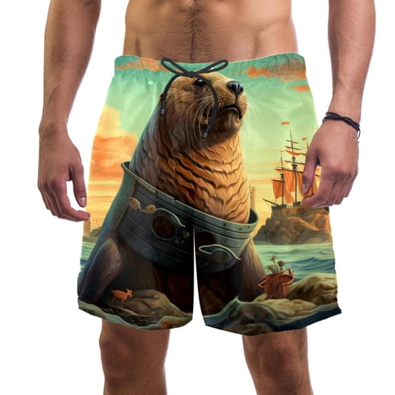 luoweisi Men's Beach Shorts Quick Dry Swim Trunks with Mesh Lining Sea Lion 2XL