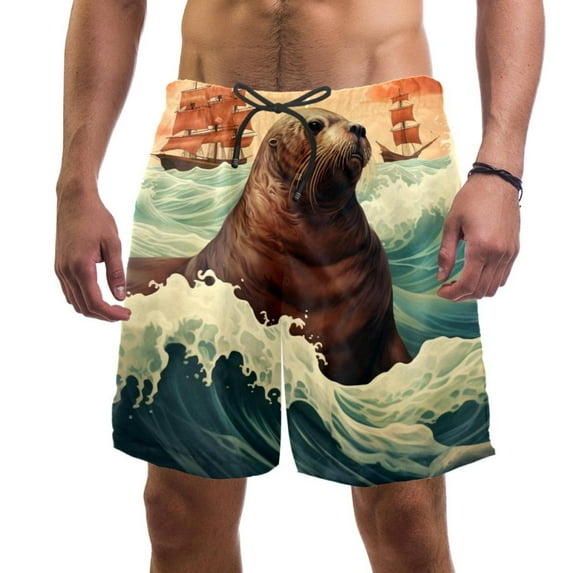 luoweisi Men's Beach Shorts Quick Dry Swim Trunks with Mesh Lining Sea Lion 2XL