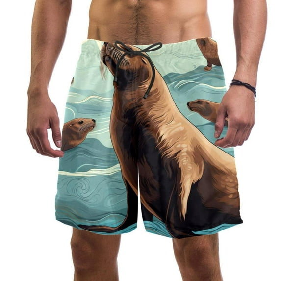 luoweisi Men's Beach Shorts Quick Dry Swim Trunks with Mesh Lining Sea Lion L