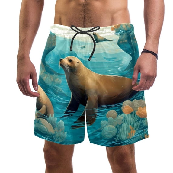 luoweisi Men's Beach Shorts Quick Dry Swim Trunks with Mesh Lining Sea Lion L