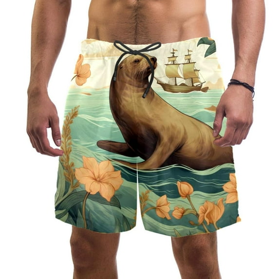 luoweisi Men's Beach Shorts Quick Dry Swim Trunks with Mesh Lining Sea Lion L