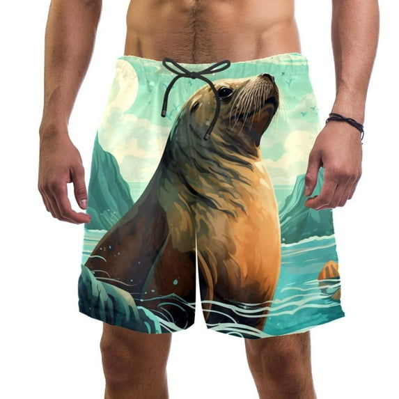 luoweisi Men's Beach Shorts Quick Dry Swim Trunks with Mesh Lining Sea Lion L