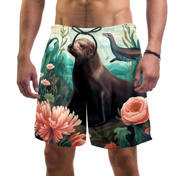 luoweisi Men's Beach Shorts Quick Dry Swim Trunks with Mesh Lining Sea Lion S