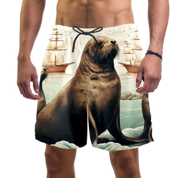 luoweisi Men's Beach Shorts Quick Dry Swim Trunks with Mesh Lining Sea Lion S