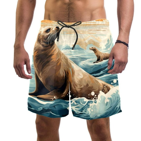 luoweisi Men's Beach Shorts Quick Dry Swim Trunks with Mesh Lining Sea Lion S