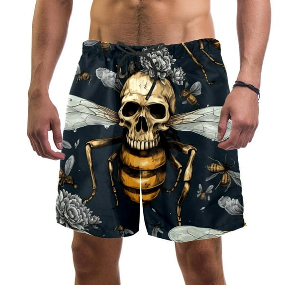 luoweisi Men's Beach Shorts Quick Dry Swim Trunks with Mesh Lining Skull Bee L