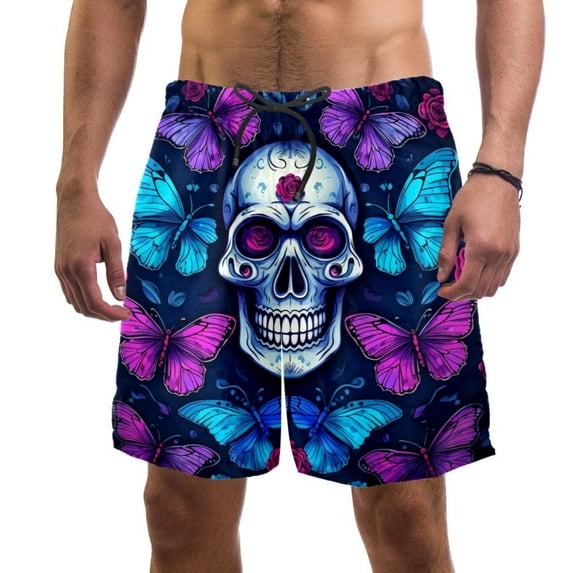 luoweisi Men's Beach Shorts Quick Dry Swim Trunks with Mesh Lining Skull Butterfly L