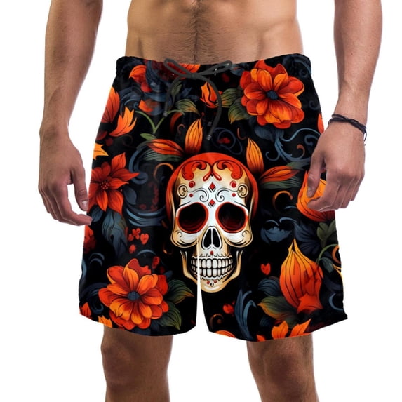 luoweisi Men's Beach Shorts Quick Dry Swim Trunks with Mesh Lining Skull L