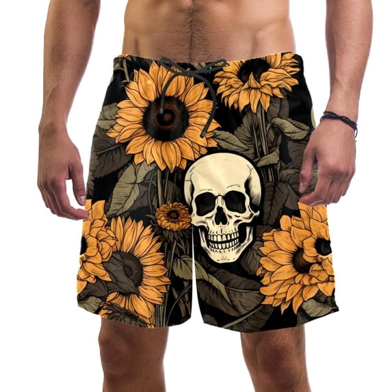 luoweisi Men's Beach Shorts Quick Dry Swim Trunks with Mesh Lining Sunflower Skull L