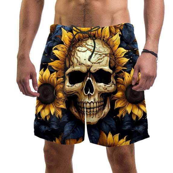 luoweisi Men's Beach Shorts Quick Dry Swim Trunks with Mesh Lining Sunflower Skull L