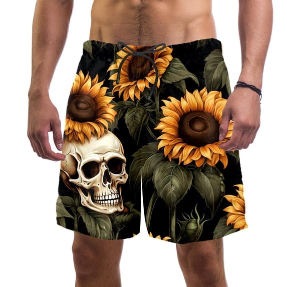luoweisi Men's Beach Shorts Quick Dry Swim Trunks with Mesh Lining Sunflower Skull L