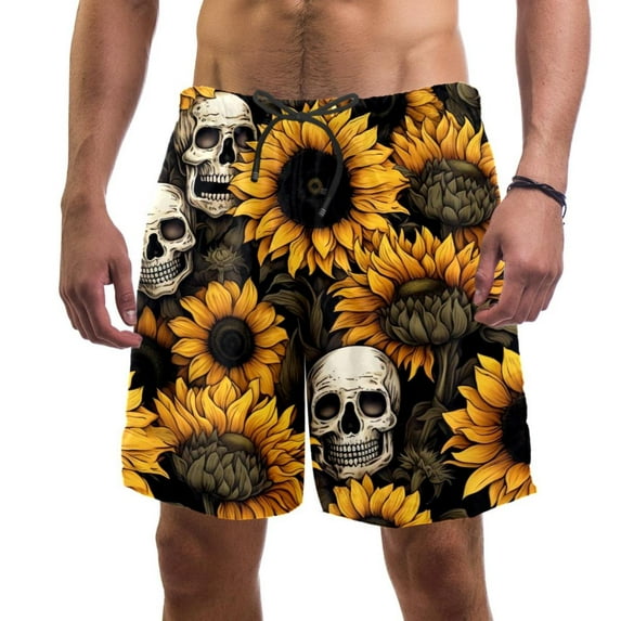 luoweisi Men's Beach Shorts Quick Dry Swim Trunks with Mesh Lining Sunflower Skull S