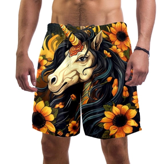 luoweisi Men's Beach Shorts Quick Dry Swim Trunks with Mesh Lining Sunflower Unicorn L