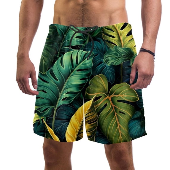 luoweisi Men's Beach Shorts Quick Dry Swim Trunks with Mesh Lining Tropical Leaves L