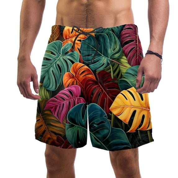luoweisi Men's Beach Shorts Quick Dry Swim Trunks with Mesh Lining Tropical Leaves L